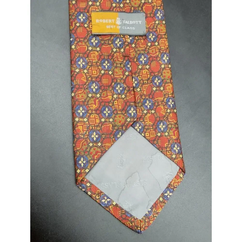 Robert Talbott Best of Class Silk Tie Red Gold Blue Geometric 59in USA Made